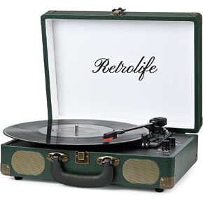 Record Player with Speakers 3-Speed Bluetooth Suitcase Portable Vinyl Record Player Belt-Driven RCA Line Out AUX in Headphone Jack Vinyl Vintage Turntable Dark Green