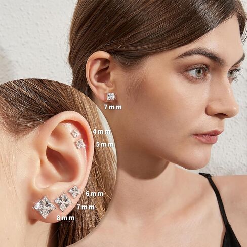 18K White Gold Plated 925 Sterling Silver Princess Cut Cubic Zirconia Stud Earrings Square Simulated Diamond CZ Stud Earrings for Women Men Hypoallergenic 4MM-8MM in Kuwait