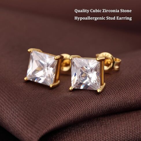 18K White Gold Plated 925 Sterling Silver Princess Cut Cubic Zirconia Stud Earrings Square Simulated Diamond CZ Stud Earrings for Women Men Hypoallergenic 4MM-8MM in Kuwait