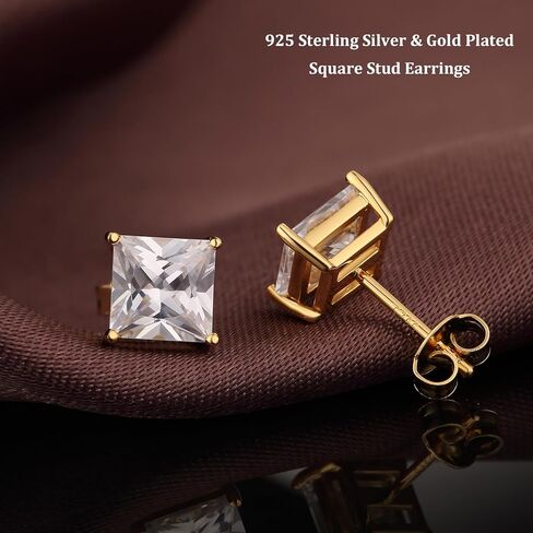 18K White Gold Plated 925 Sterling Silver Princess Cut Cubic Zirconia Stud Earrings Square Simulated Diamond CZ Stud Earrings for Women Men Hypoallergenic 4MM-8MM in Kuwait