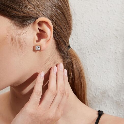 18K White Gold Plated 925 Sterling Silver Princess Cut Cubic Zirconia Stud Earrings Square Simulated Diamond CZ Stud Earrings for Women Men Hypoallergenic 4MM-8MM in Kuwait