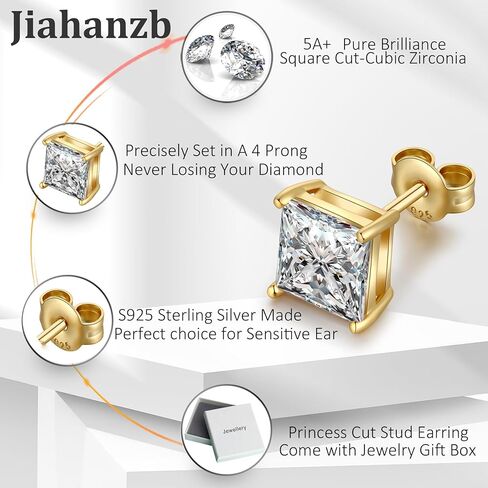 18K White Gold Plated 925 Sterling Silver Princess Cut Cubic Zirconia Stud Earrings Square Simulated Diamond CZ Stud Earrings for Women Men Hypoallergenic 4MM-8MM in Kuwait