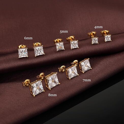 18K White Gold Plated 925 Sterling Silver Princess Cut Cubic Zirconia Stud Earrings Square Simulated Diamond CZ Stud Earrings for Women Men Hypoallergenic 4MM-8MM in Kuwait