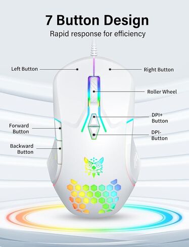 الماوس السلكي USB ، فأر الكمبيوتر مع إضاءة RGB ، 4 DPI قابل للتعديل ، الماوس المكتب البصري المريح ، 7 أزرار الفئران من النافذة/الكمبيوتر/الكمبيوتر المحمول/سطح المكتب/MAC/Chromebook ، أبيض in Kuwait