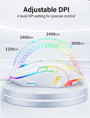 الماوس السلكي USB ، فأر الكمبيوتر مع إضاءة RGB ، 4 DPI قابل للتعديل ، الماوس المكتب البصري المريح ، 7 أزرار الفئران من النافذة/الكمبيوتر/الكمبيوتر المحمول/سطح المكتب/MAC/Chromebook ، أبيض in Kuwait