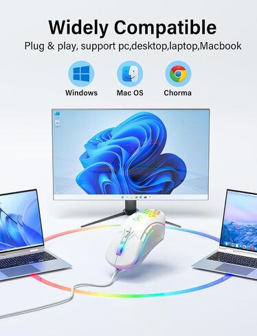 الماوس السلكي USB ، فأر الكمبيوتر مع إضاءة RGB ، 4 DPI قابل للتعديل ، الماوس المكتب البصري المريح ، 7 أزرار الفئران من النافذة/الكمبيوتر/الكمبيوتر المحمول/سطح المكتب/MAC/Chromebook ، أبيض in Kuwait