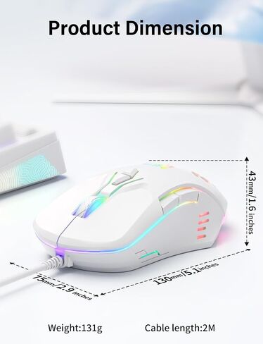 الماوس السلكي USB ، فأر الكمبيوتر مع إضاءة RGB ، 4 DPI قابل للتعديل ، الماوس المكتب البصري المريح ، 7 أزرار الفئران من النافذة/الكمبيوتر/الكمبيوتر المحمول/سطح المكتب/MAC/Chromebook ، أبيض in Kuwait
