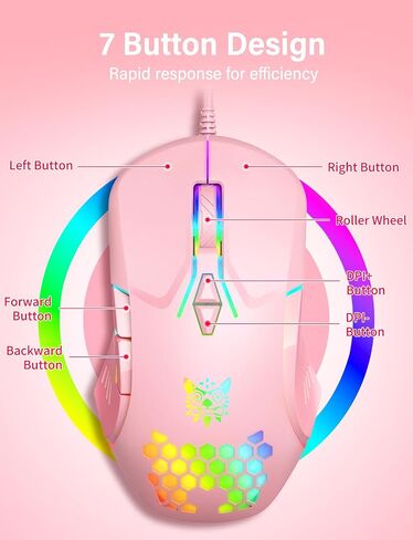 الماوس السلكي USB ، فأر الكمبيوتر مع إضاءة RGB ، 4 DPI قابل للتعديل ، الماوس المكتب البصري المريح ، 7 أزرار الفئران من النافذة/الكمبيوتر/الكمبيوتر المحمول/سطح المكتب/MAC/Chromebook ، أبيض in Kuwait