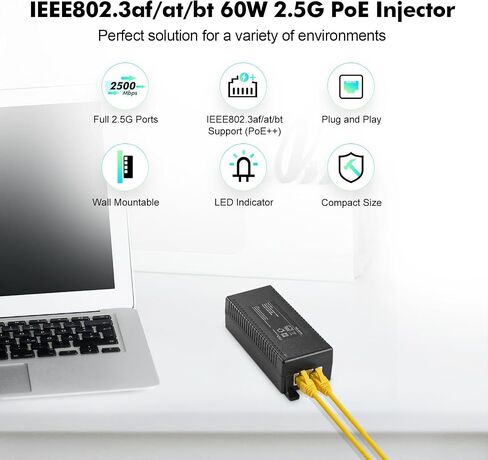 YuLinca Gigabit PoE+ Injector 60W، 802.3af/at/bt محول طاقة عبر إيثرنت PoE، 10/100/1000 ميجابت في الثانية، محول غير PoE إلى PoE، التوصيل والتشغيل، مسافة تصل إلى 100 متر (328 قدمًا) in Kuwait
