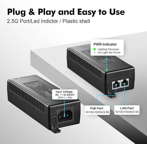 YuLinca Gigabit PoE+ Injector 60W، 802.3af/at/bt محول طاقة عبر إيثرنت PoE، 10/100/1000 ميجابت في الثانية، محول غير PoE إلى PoE، التوصيل والتشغيل، مسافة تصل إلى 100 متر (328 قدمًا) in Kuwait