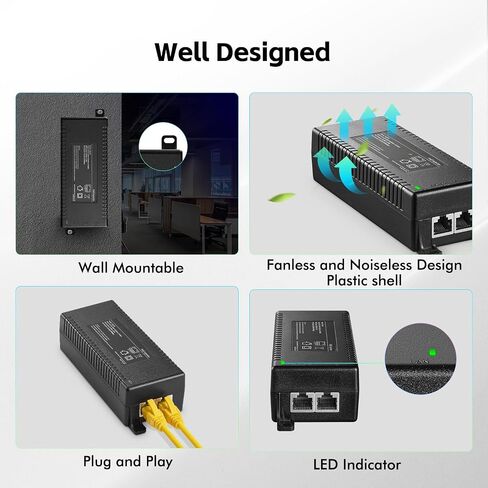 YuLinca Gigabit PoE+ Injector 60W، 802.3af/at/bt محول طاقة عبر إيثرنت PoE، 10/100/1000 ميجابت في الثانية، محول غير PoE إلى PoE، التوصيل والتشغيل، مسافة تصل إلى 100 متر (328 قدمًا) in Kuwait