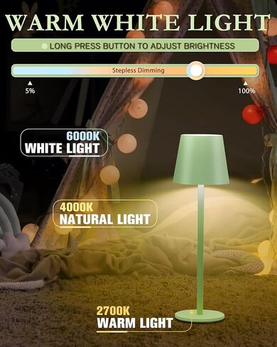 2Pack Cordless Table Lamp, 5200mAh IP54 Waterproof Rechargeable Battery Desk Lamp, 3 Color Stepless Dimming Up, Battery Operated Lamp for Kitchen/Bedside/Outdoor/Restaurant (Grass Green) in Kuwait