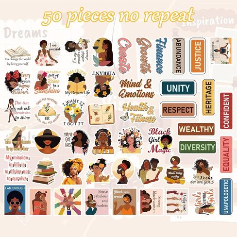 50 Pcs Black Girl Stickers, Inspirational Decals, Self-Affirmation Motivational Quotes Sticker for Vision Board Journaling Scrapbook Laptop, DIY Gifts for Girls in Kuwait