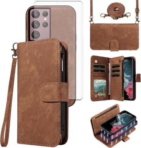 حالة هاتف ASUWISH لـ Samsung Galaxy S22 Ultra 5G SHIPPER WALLET غطاء مغناطيسي قابلة للفصل مع حامي شاشة زجاجية متدلية Crossbody Lanyard Slot S22ultra 22S S 22 S22ULTRA5G 6.8 Blue Blue in Saudi Arabia