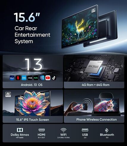 15.6 inch 4K Android.13 Car TV Headrest Monitor for Cars Back seat Rear Entertainment System, Support Phone Wireless Mirror Link Touch Screen,with WiFi/Bluetooth/HDMI/USB/Video Player (4G+64G(2*PCs)) in Saudi Arabia