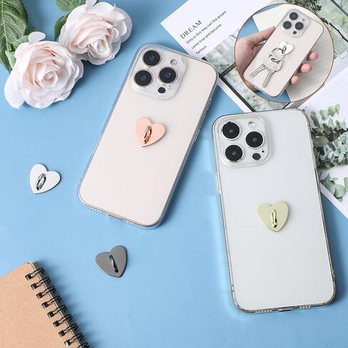 Lusofie 12 Pcs Phone Charm Hook Heart Phone Charm Adhesive Phone Finger Grip Loop Stand Metal Phone Charm Holder Cell Phone Finger Ring for DIY Hanging Supplies (Silver,Gold, Rose Gold) in Kuwait