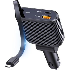 OHLPRO Retractable Car Charger, 58W Super Fast Car Phone Charger, [Smaller Compact] Car Charger Adapter with 35.4'' Retractable USB i Cord and 2 USB Charge Ports for iPhone 14 13 12 11