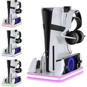 PS5 / PS5 Slim / PS5 Pro Station ومحطة التبريد مع محطة شحن وحدة تحكم RGB LED متوافقة مع وحدة التحكم PlayStation 5 ، شاحن وحدة تحكم ، مروحة 3 مستويات ، ثلاثة أجهزة في وقت واحد