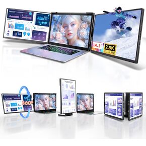 Laptop Screen Extender Monitor Portable - 2.5K Triple Laptop Screen Extender, Plug and Play Multiple Screens Extended Fits 13-17.3 Inch Laptops Compatible with Mac, Windows, Chrome, Dex