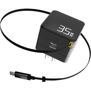شاحن USB C قابل للسحب ، GAN PD 35W Charger Block W/Type C Cable ، Wall Wall Phone Fast Charge Adapter Fladable For iPhone 16/15 Pro Max/iPad/Galaxy/Pixel ، Black