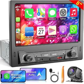Wireless 10.1" Single Din Car Stereo CarPlay Radio, Carplay Android Auto Touch Screen, Bluetooth 5.3, Car Audio Receiver, 240W Subwoofer, Backup Camera, FM/AM SWC