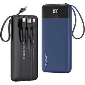 Portable Charger 10000mAh Power Bank with Built-in Cable, 5 Output 2 Input Travel Essential External Battery Pack with LED Display Compatible with iPhone, Android, Samsung,etc