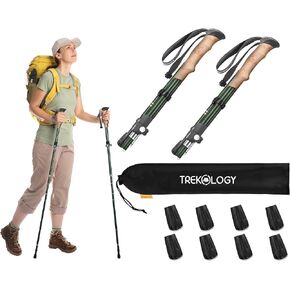 TREKOLOGY TREKZ SE 2pc Collapsible Trekking Poles for Hiking - Lightweight and Adjustable Walking Sticks for Men and Women, with 8pc Replacement Rubber Tips for Standard Hiking Poles