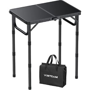 VINTEAM Camping Folding Table with Adjustable Height, Lightweight Portable Outdoor Picnic Table, BBQ Grill Side Table, Durable Aluminum Frame, MDF Desktop for Camping, Fishing, RV, Beach (Black)