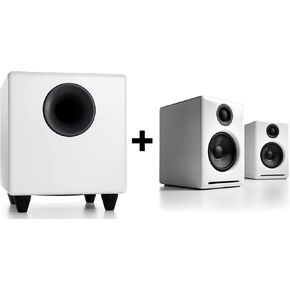 Audioengine A2 White Wireless Computer Speakers for Desktop Pc and S8 White Subwoofer