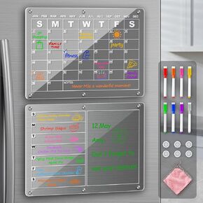 Acrylic Magnetic Dry Erase Board Calendar for Fridge,2-Pack Monthly & Weekly Clear Fridge Calendar with 8 Color Markers-15 x11