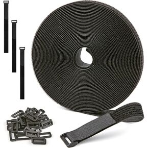 1" x 6Yard Reusable Cable Straps with 20 Plastic Buckles - Adjustable Cut-to-Length Nylon Hook and Loop roll for Organizing and Storage