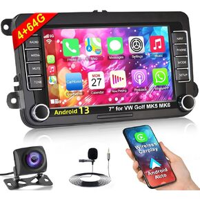 [4+64G] Android Car Radio for Volkswagen VW Passat Golf Tiguan Jetta Support Wireless Carplay&Android Auto, 7 inch IPS Touchscreen VW Stereo with GPS, WiFi, FM Radio+AHD Backup Camera+MIC