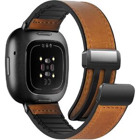 Magnetic Leather Bands Compatible with Fitbit Versa 4/Versa 3/Sense 2/Sense, Magnetic Clasp Wristband Accessory, Adjustable Soft Replacement SmartWatch Strap for Men and Women
