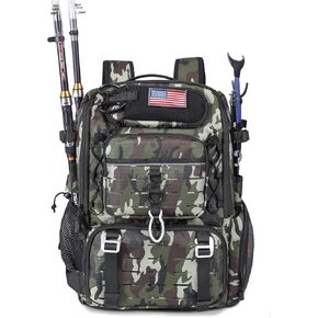 37L Fishing Tackle Backpack with Rod Strap, Insulated Outdoor Tackle Bag with Protective Rain Cover, Black