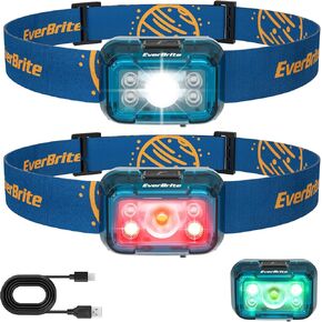 EverBrite Rechargeable Headlamp, 2 Pack Kids Headlamp with White/Red/Green Light and Memory Function, Head Lamp for Adult and Kid with 5 Modes, 120° Adjustable LED Headlamp for Camping, Running-Blue
