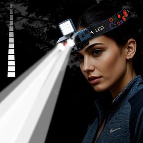 Upgraded LED Headlamp Rechargeable Flood Light, Lightweight Head Flashlight for Adults Camping Hiking, 900 Lumen Bright Headlamp Outdoor Waterproof, Red Light Motion Sensor 180° Adjustable