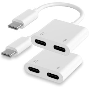 Dual USB C Headphone and Charger Adapter for iPhone 16,Dual Type C AUX + Charger Dongle Splitter Adapter with PD Fast Charging Compatible with iPhone 16/16 Pro/16 Pro Max/15/15Pro/15Pro Max (2Pack)