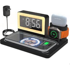 Wireless Charging Station for Apple,Nightstand Charging Station with 7 Color Night Light Multiple Devices with Alarm and Clock for iPhone 16/15/14/13/for Apple Watch for Airpod (Black)