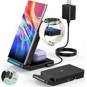 Foldable Wireless Charger for Samsung, 3 in 1 Fast Samsung Charging Station for S25 Ultra S24/S23/S22/Z Fold 6/5/Z Flip/Note, Rotatable Samsung Watch Charger for Galaxy Ultra/7/6/5, Galaxy Buds, White