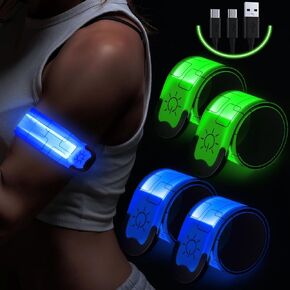 Simket Reflective LED Armband Rechargeable for Running(4 Pack), Running Lights for Runners, Running Lights, High Visibility Reflective Running Gear Adjustable Light Up Arm Bands for Men Women Kids