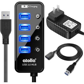 محور USB الذي يعمل بالطاقة ، ATOLLA 4-PORT USB 3.0 HUB مع 4 منافذ بيانات USB 3.0 ومنفذ شحن ذكي USB واحد ، تقسيم USB مع مفاتيح ON/OFF الفردية ومحول الطاقة 5V/3A و 3.3 قدم متر 3 USB 3 امتداد C