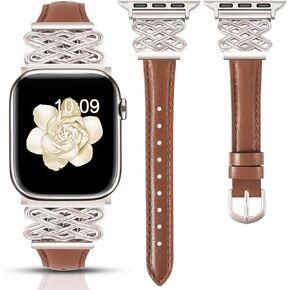 Leather Band for Women Slim Dressy Bands Compatible with Apple Watch 38mm 40mm 41mm 42mm 44mm 45mm 49mm, Designer Interlock Buckle Strap for iWatch Series 10/9/8/7/6/5/4/3/2/1/SE/Ultra