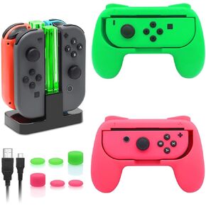 FastSnail Charging Dock and 2 Pack Switch Grips Kit for Nintendo Switch Joy Con & OLED Model, Charger Stand Station with Charging Cable, Wear-Resistant Grip Controller with 6 Thumb Grip