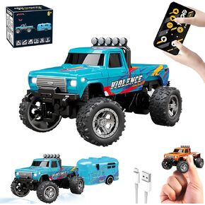 Mini Rc Truck,1:64 Scale Monster Truck,Remote Control Car with Lights, 2.4Ghz All Terrain Off-Road Monster Truck,Rc Truck with Trailer,Speed/Steering Adjustable(Blue)