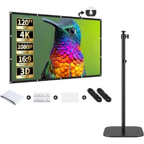 Projector Floor Stand & 120" 4K HD Foldable Screen - 15.75 - 47.24" Ht Adj, 360° Rotate, 18lbs Cap, 1/4" Screw, 16:9, Double - Sided, Indoors/Outdoors