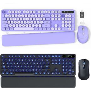 2 Pack Wireless Keyboard and Mouse - Cute Typewriter Keyboard with Detachable Wrist Rest, Retro Round Keycaps, Foldable Legs, 2.4GHz Full-Size Keyboard for PC, Laptop, Windows