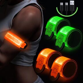 Simket Reflective LED Armband Rechargeable for Running(4 Pack), Running Lights for Runners, Running Lights, High Visibility Reflective Running Gear Adjustable Light Up Arm Bands for Men Women Kids