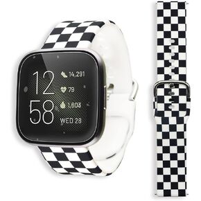 Ecute Large Soft Silicone Waterproof Replacement Women Men Strap Band Compatible with Fitbit Versa/Versa 2/Versa Lite/Versa SE - White Black Checkered