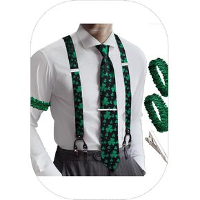 Barry.Wang Men Suspender Set with Necktie Elastic Y Type Heavy Duty 6 Clips Braces Tie Handkerchief Cufflink Pin 6PCS