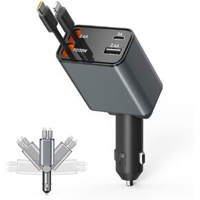 TESSAN Retractable Car Charger 69W, 4 in 1 USB C Car Apater with 31.5" Cord & 180° Rotating Plug Fast Charging for iPhone 16/15/14/13/12, Tablet, Earphone, Automobile Accessories, Gray